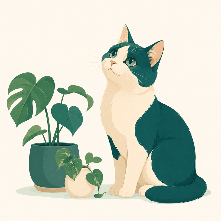 Illustration of a cat sitting beside a houseplant